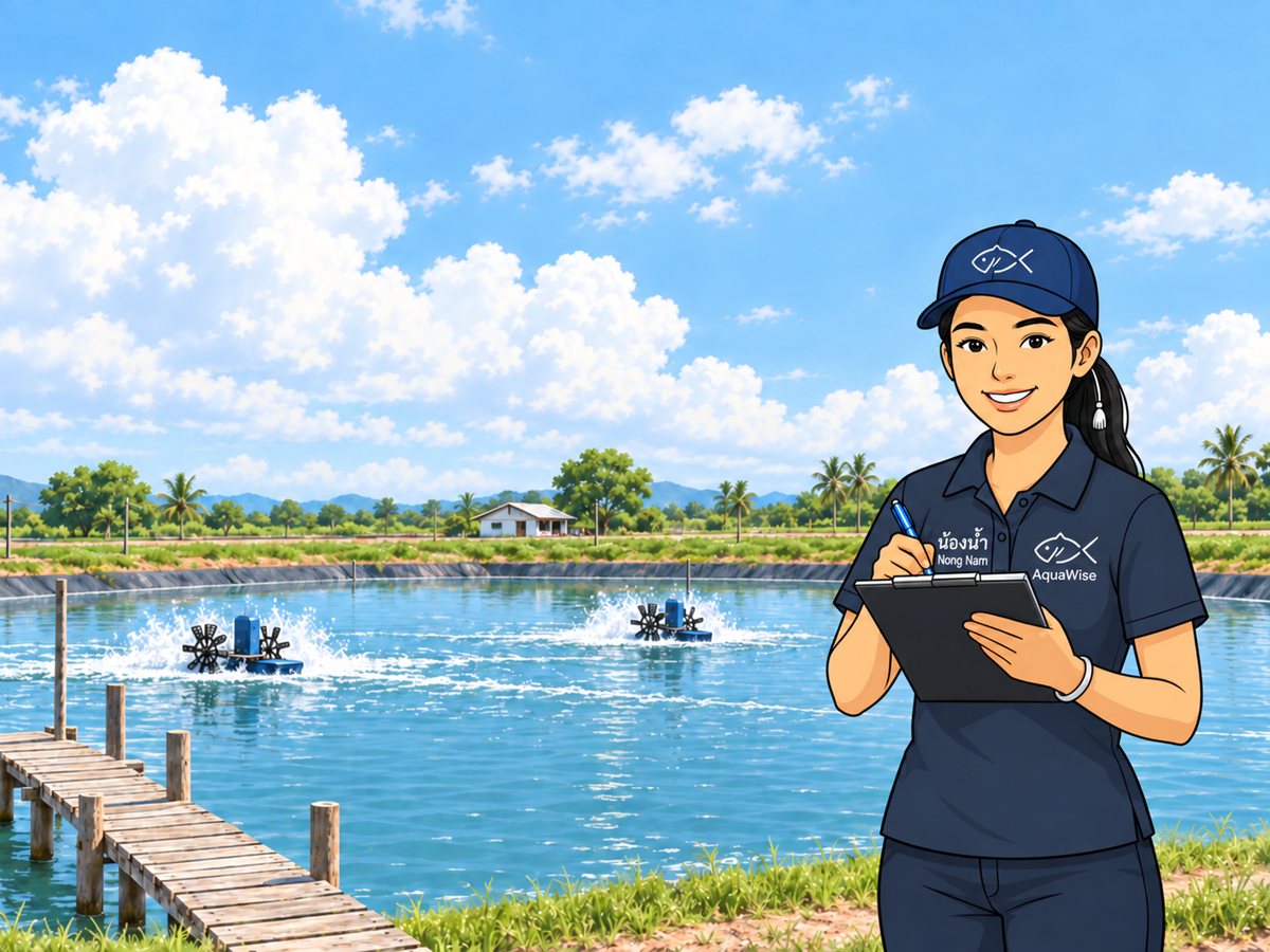 Nong Nam holding a clipboard and taking notes beside a shrimp pond with aerators running