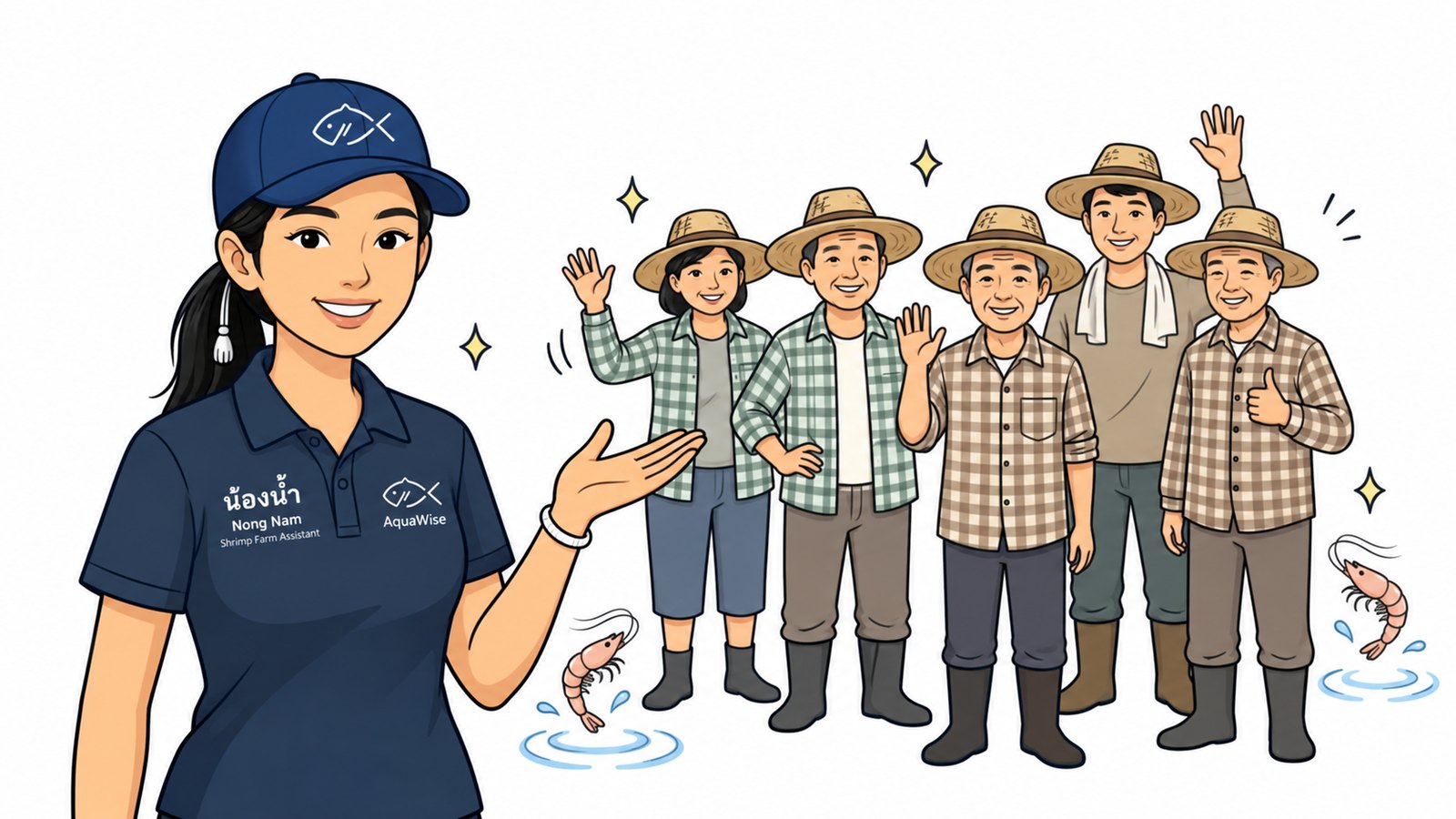 Nong Nam with a group of shrimp farmers