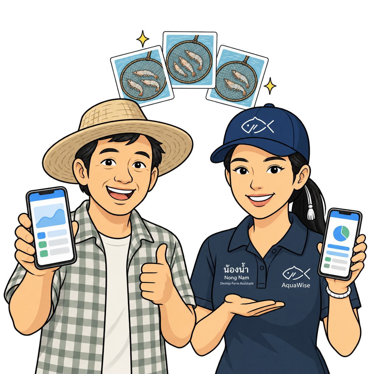 A farmer and Nong Nam chatting, each holding a phone