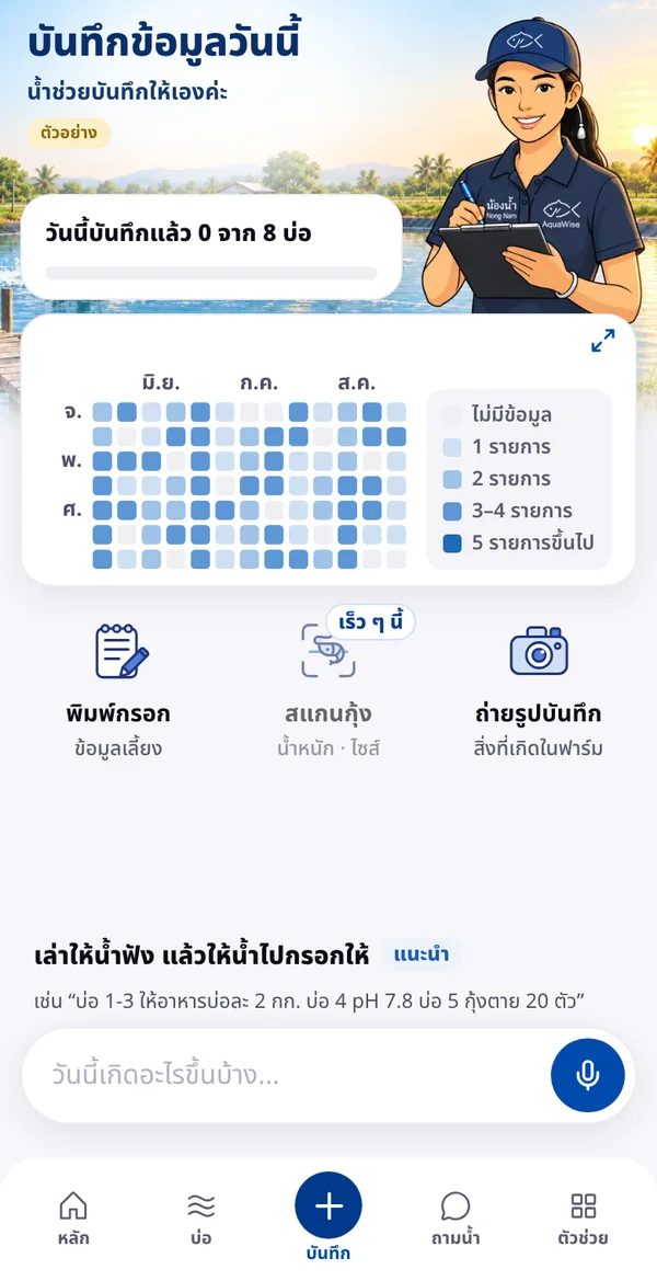 หน้าบันทึกของแอปน้องน้ำใน LINE ข้อมูลตัวอย่าง