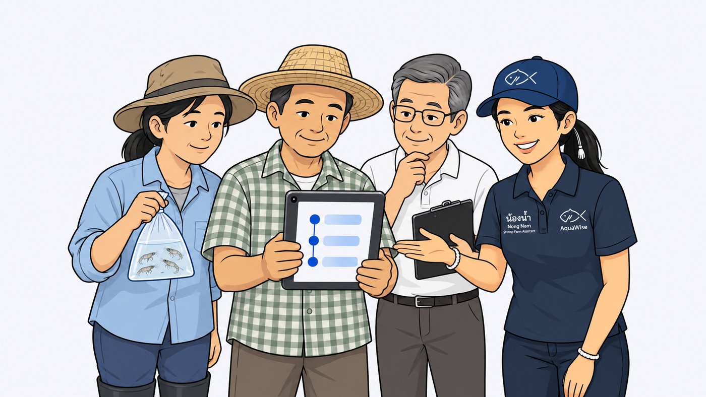 A farmer at the centre holding a tablet with the pond history, while a nursery owner, an advisor and Nong Nam look at the same evidence