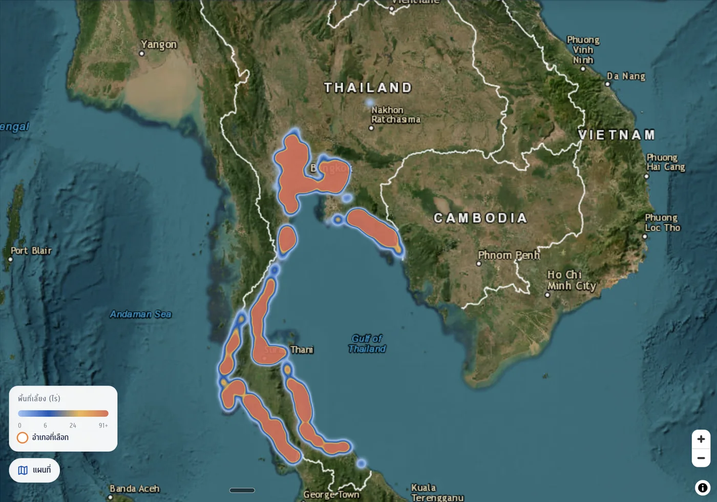 Map of Thailand shading whiteleg shrimp farming areas by district along the Gulf of Thailand and Andaman coasts