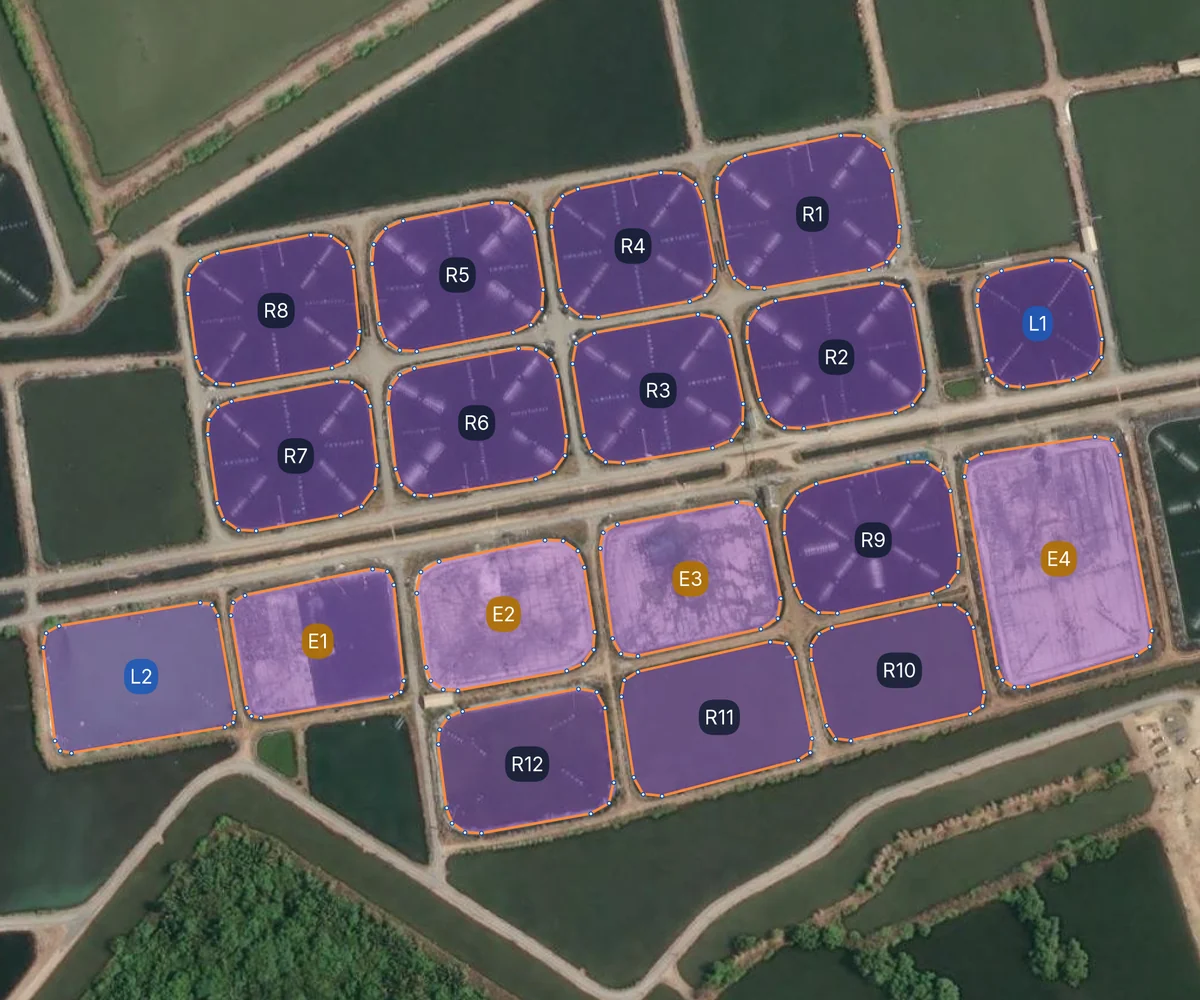 Satellite image of a shrimp farm where the system found and outlined all 18 ponds automatically, each labelled with its pond name